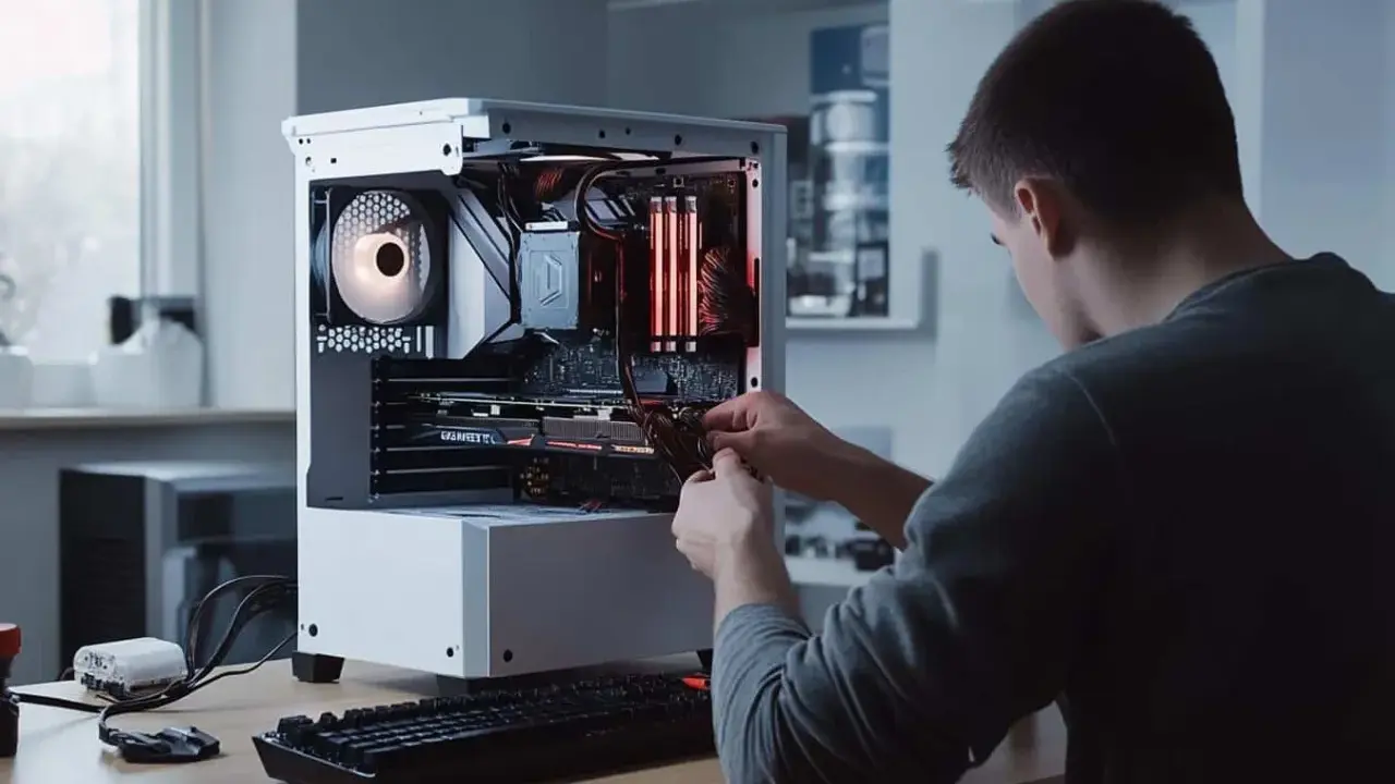 Un jeune homme assemble un PC, connectant la carte graphique et le processeur.