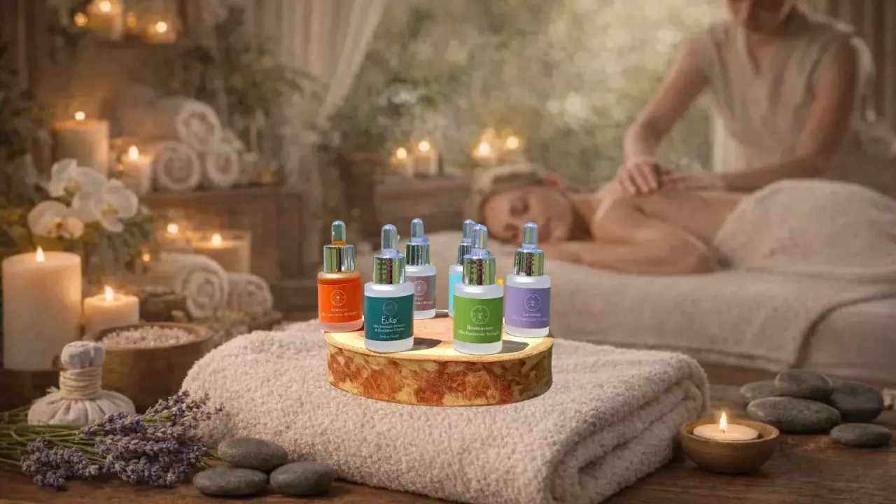 Set di oli essenziali corpo in un'atmosfera rilassante da spa, con candele e massaggio in sottofondo.