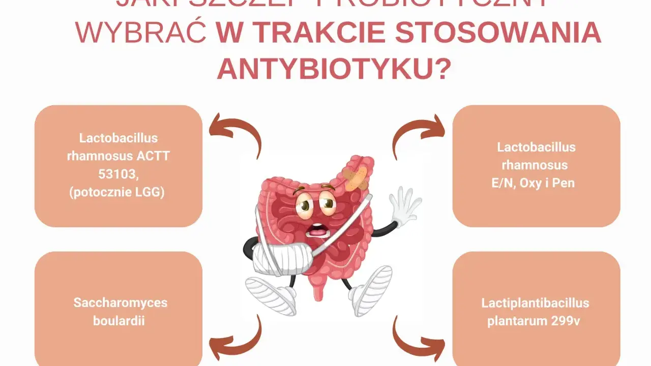 Grafika przedstawia jelita w bandażach, obok nich nazwy probiotyków, w tym Lactobacillus rhamnosus, sugerując wybór wsparcia podczas antybiotykoterapii.