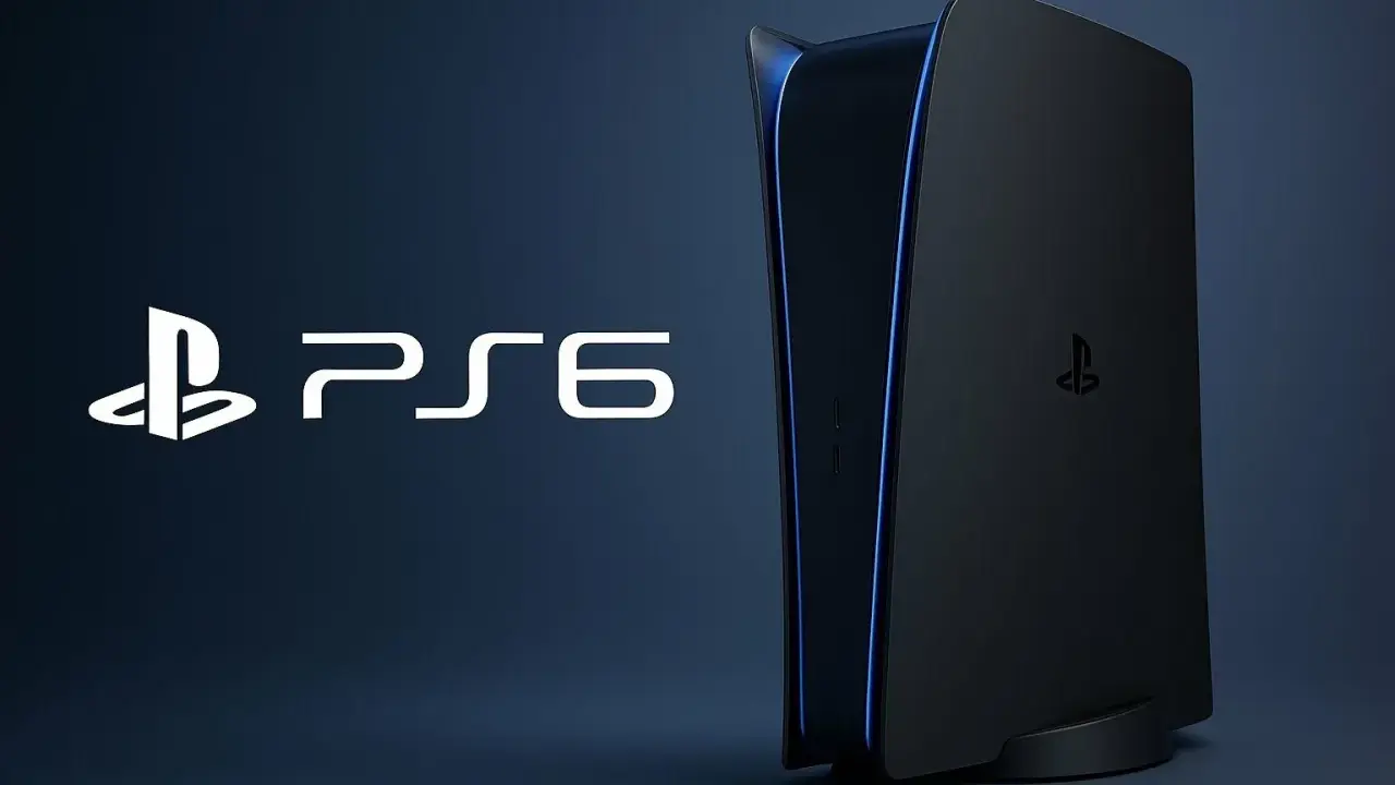 Logo PS6 i czarna konsola z niebieskim podświetleniem. Premiera PS6 już wkrótce!