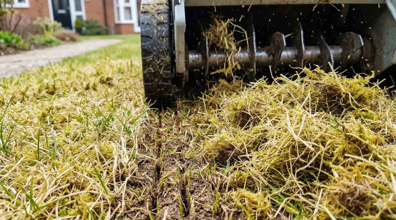 Wertykulacja trawnika po zimie: maszyna usuwa mech i filc, odsłaniając ziemię i młode źdźbła trawy.