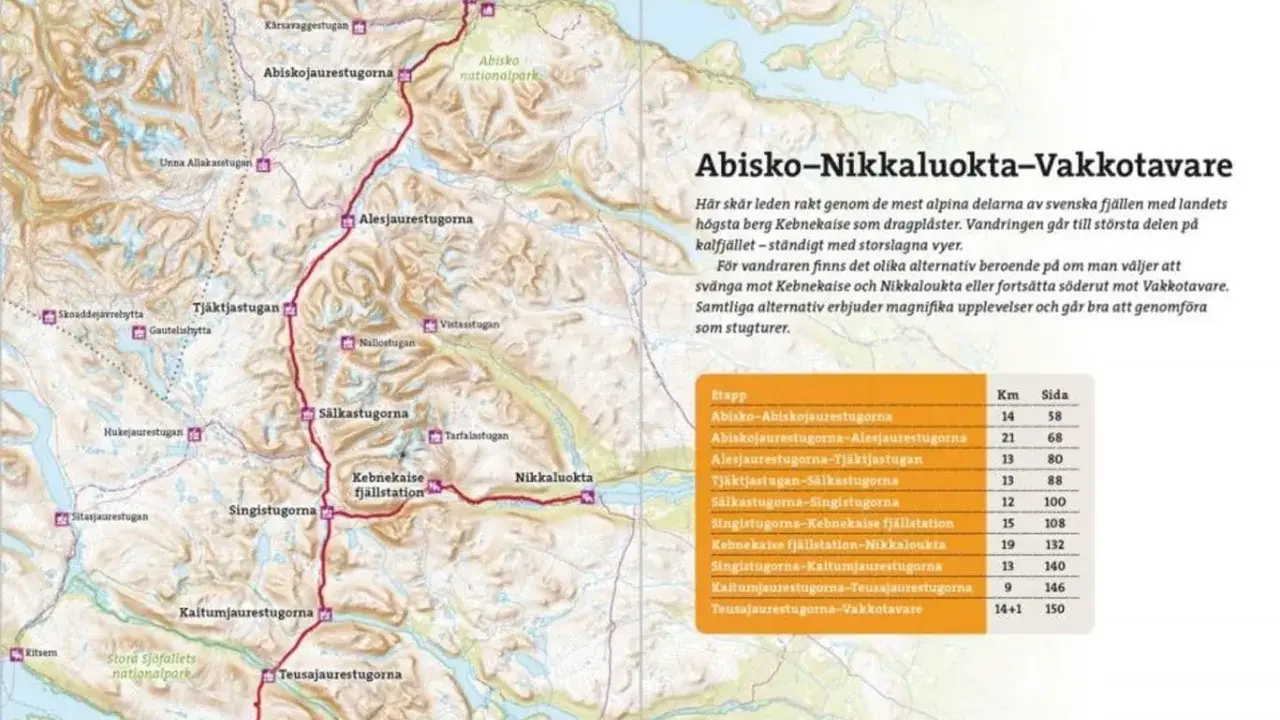 Karta över Kungsleden, sträckan Abisko-Nikkaluokta-Vakkotavare. Visar fjällstugor, nationalparker och vandringsleder.