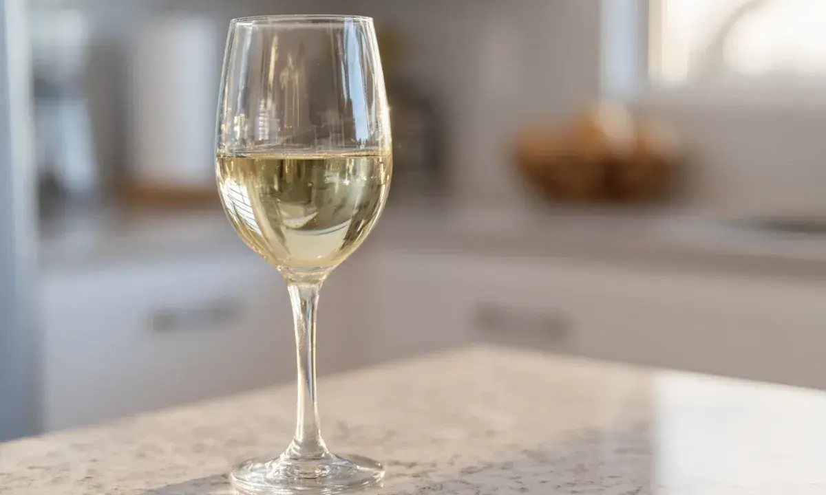 Ett glas med torrt vin står på en bänkskiva i ett kök.