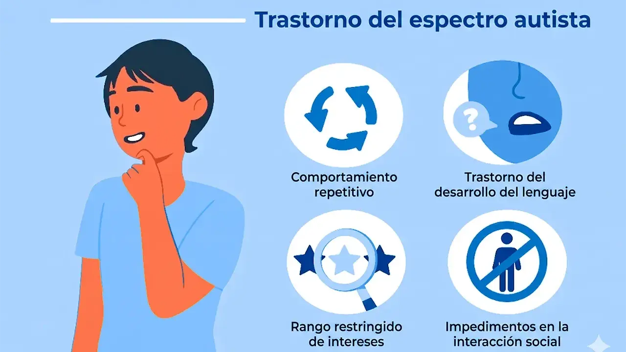 Un niño reflexiona sobre el trastorno del espectro autista, mostrando comportamientos repetitivos, dificultades de lenguaje, intereses restringidos e impedimentos en la interacción social.