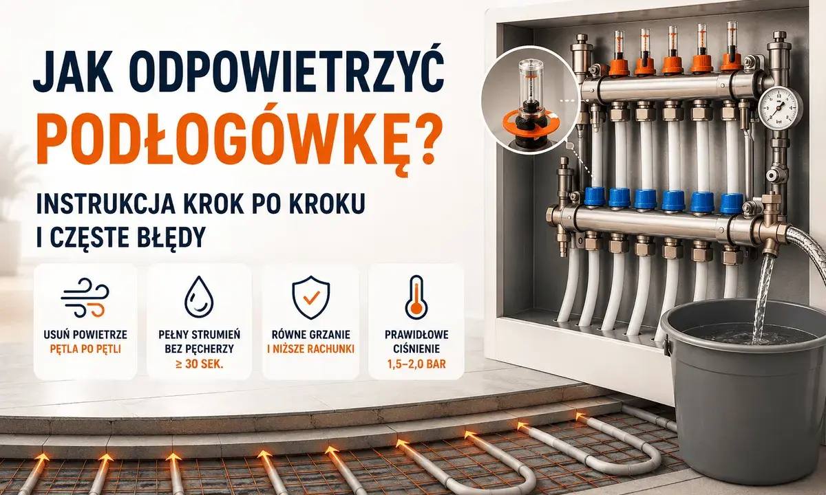 Instrukcja odpowietrzania podłogówki: usuwanie powietrza, pełny strumień wody i prawidłowe ciśnienie dla równego grzania.