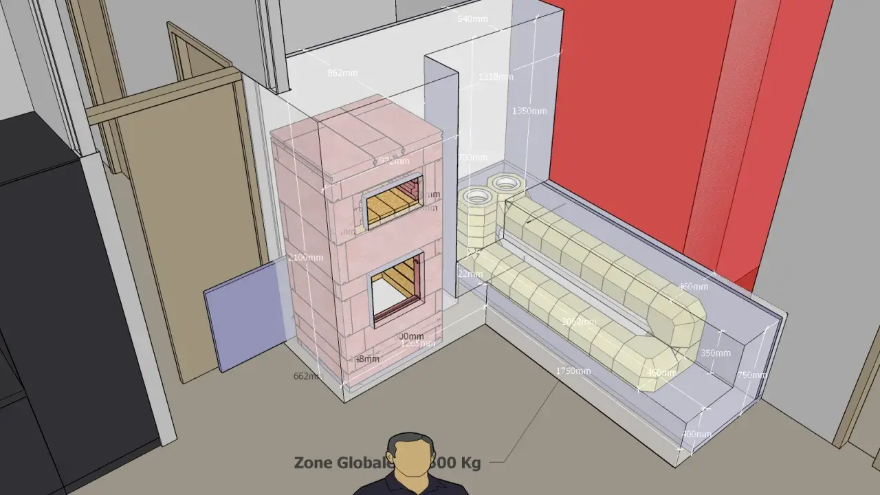 Vue 3D d'un poêle de masse plan avec ses dimensions. Le poêle est en briques roses, avec des ouvertures pour le feu. Des conduits de chaleur en forme de U sont visibles à côté.