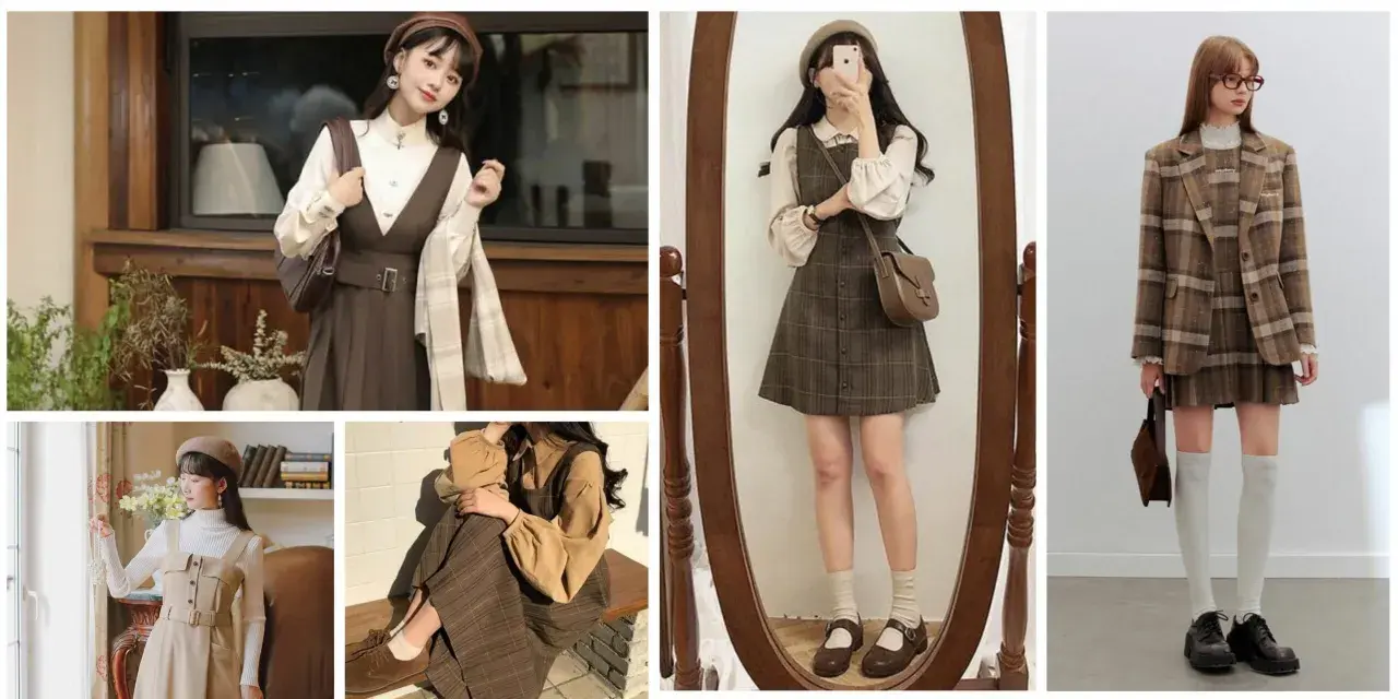 Collage of women in dark academia aesthetic outfits, featuring plaid jumpers, blazers, and berets.
