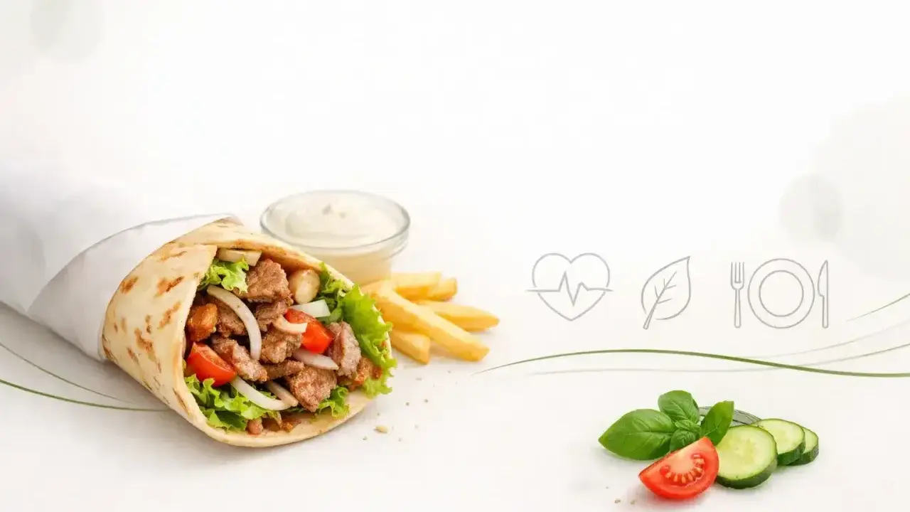 Kebab w tortilli z frytkami, sosem i warzywami, obok ikony serca i liścia.