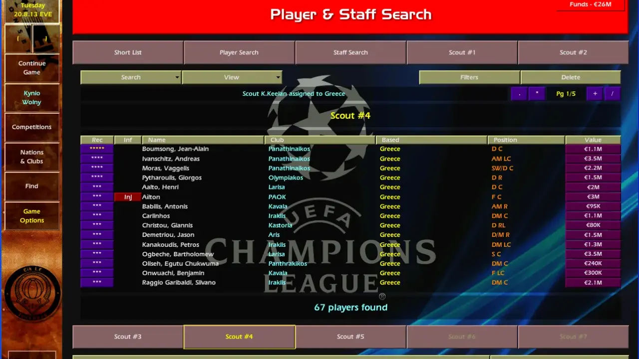 Ekran gry Championship Manager 01/02, lista wyszukanych zawodników z Grecji.