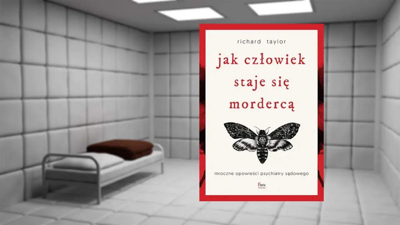 Książka "Jak człowiek staje się mordercą" w ponurym pokoju z łóżkiem.