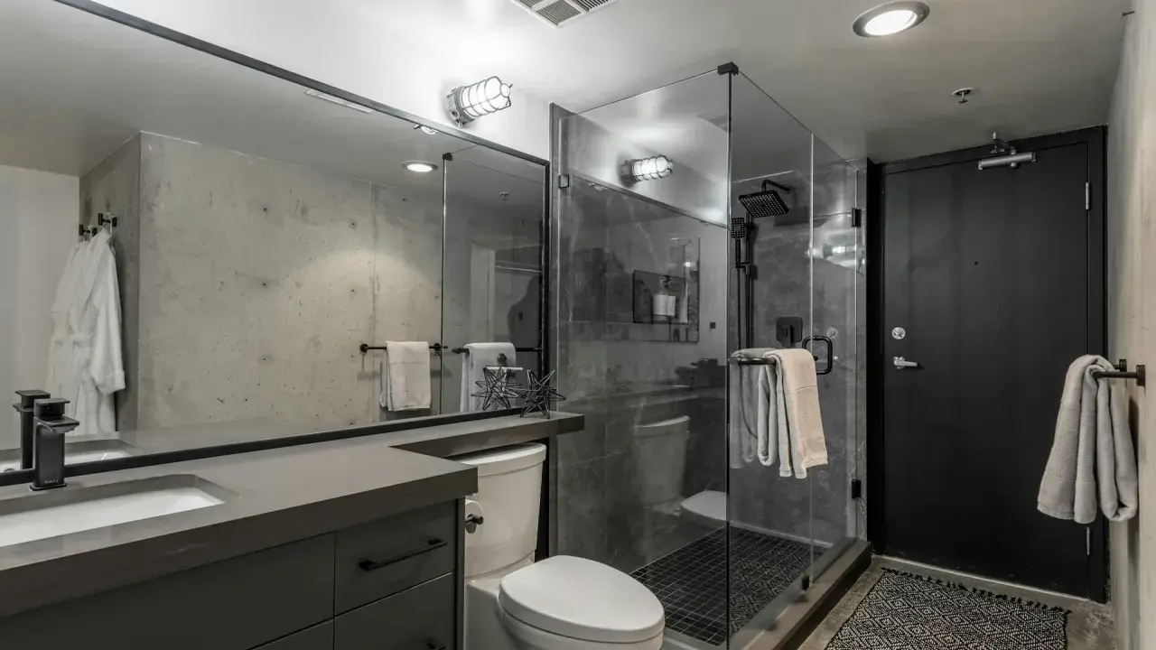 Baño moderno con mampara de ducha de cristal, inodoro, lavabo y puerta negra. Varios tipos de mamparas de ducha se ven en la imagen.