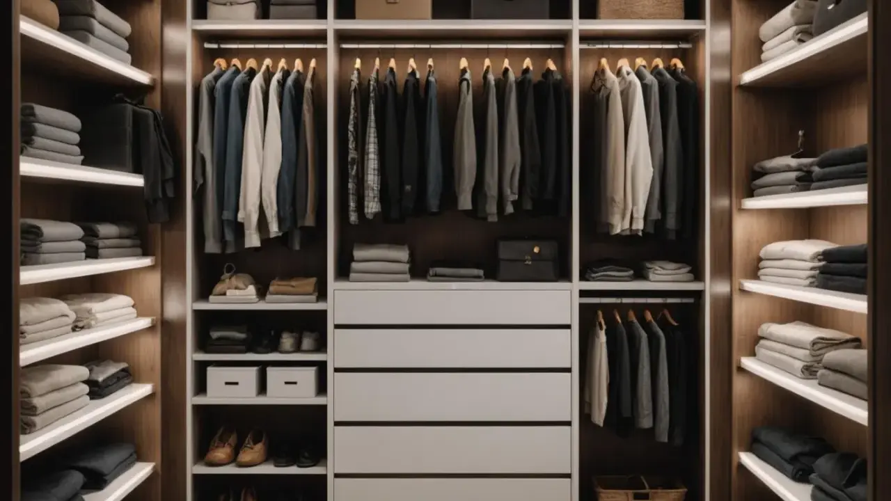 Nowoczesna garderoba z dyskretnym oświetleniem, które podkreśla porządek i elegancję ubrań.