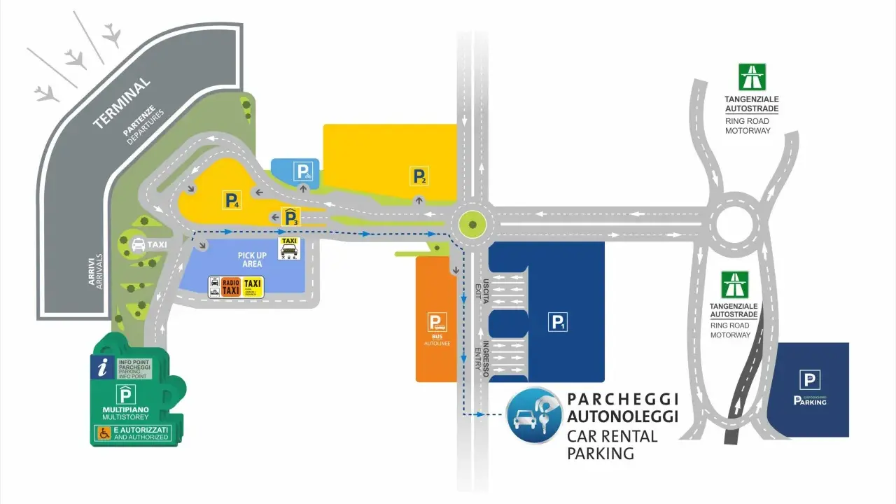 Schemat lotniska Neapol. Jak dojechać z lotniska do centrum? Znajdź taksówki, parkingi, wypożyczalnie aut i autobusy.