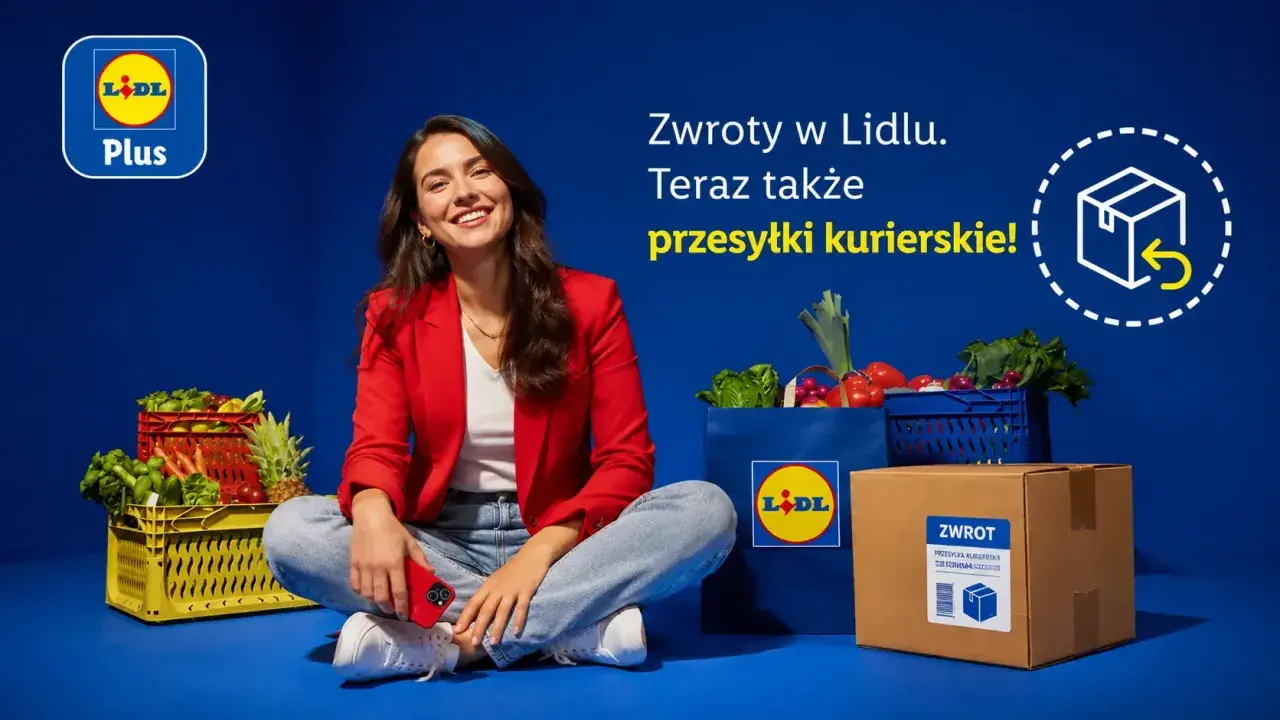 Kobieta z zakupami i paczką zwrotną. Lidl Plus ułatwia zwroty online, także przesyłki kurierskie.
