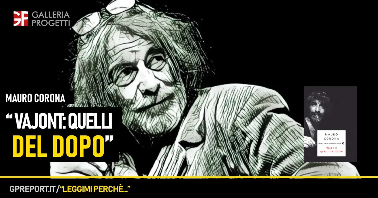 Mauro Corona racconta "Vajont: quelli del dopo". Ritratto dell'autore e copertina del libro.