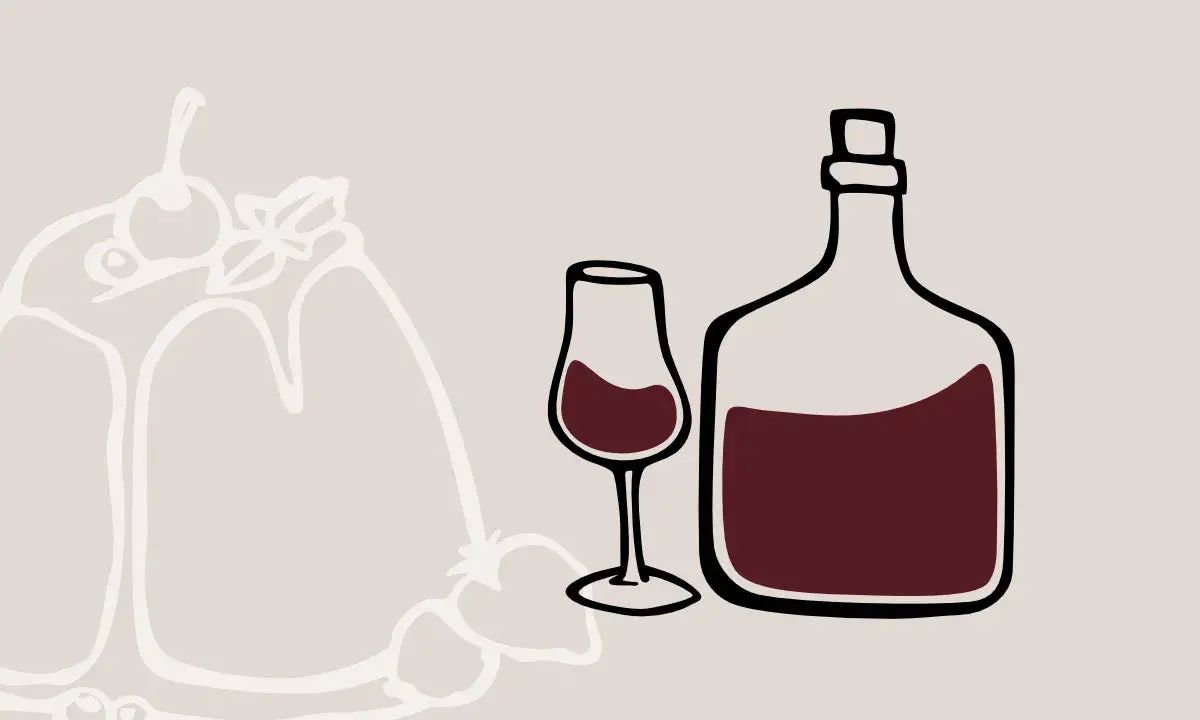 Stilisierte Darstellung eines Kuchens mit Beeren, daneben ein Glas und eine Flasche mit dunklem Wein. Der Unterschied Portwein Sherry wird hier visuell angedeutet.