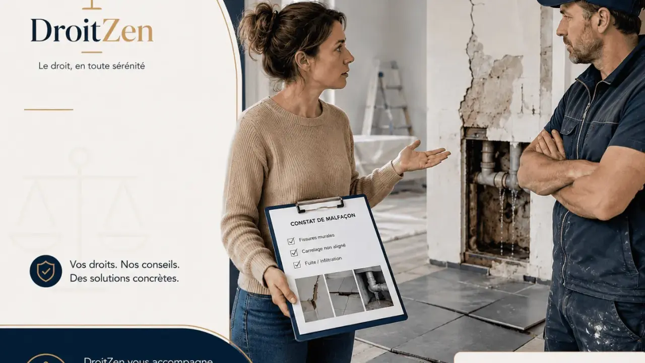 Une femme présente un constat de malfaçon à un artisan, suggérant un litige avec un artisan. La scène se déroule sur un chantier.