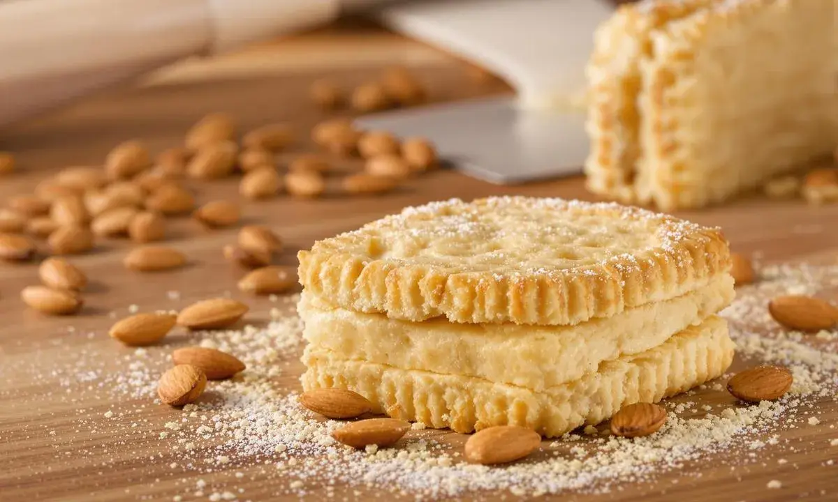 Biscuits Joconde, parfaits pour le goûter, préparés avec le Thermomix. Amandes et sucre glace parsèment la planche en bois.