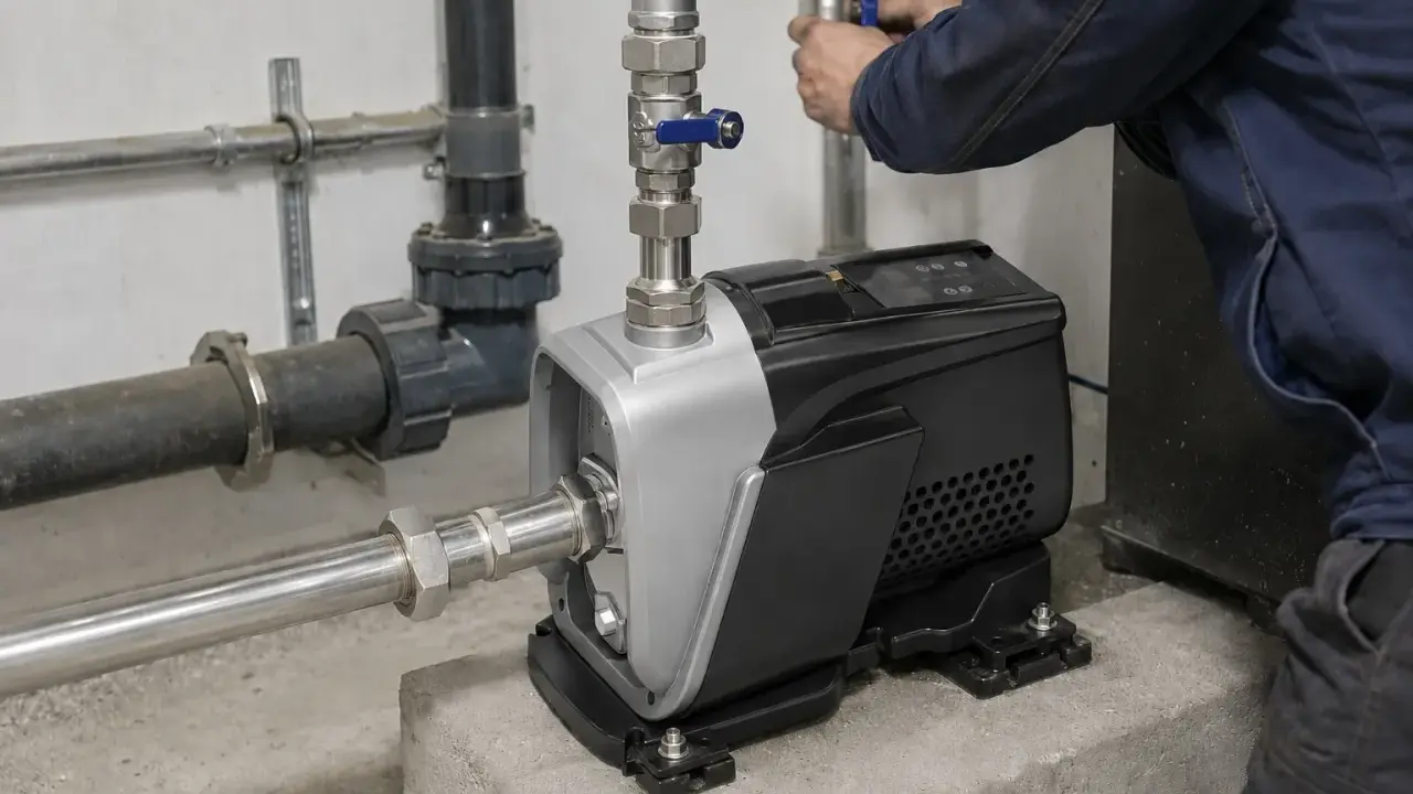 Installazione di una pompa per risolvere la pressione acqua bassa. Un tecnico regola le valvole.