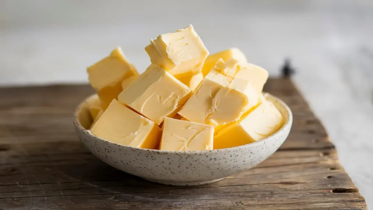 Ein Schälchen voller goldgelber Butterwürfel, bereit für den Einsatz in der Küche. Butter liefert auch etwas Calcium.