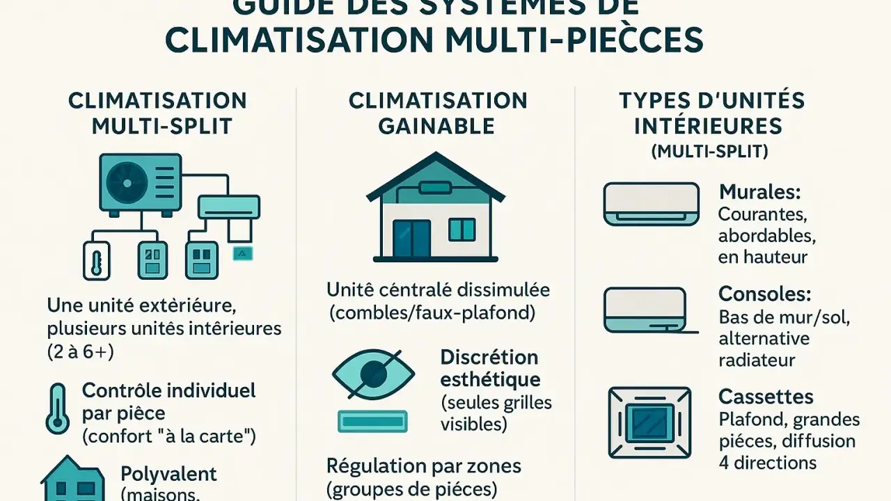 Guide des systèmes de climatisation multi-pièces : comment fonctionne une clim multi-split avec une unité extérieure et plusieurs intérieures, ou une clim gainable centralisée.
