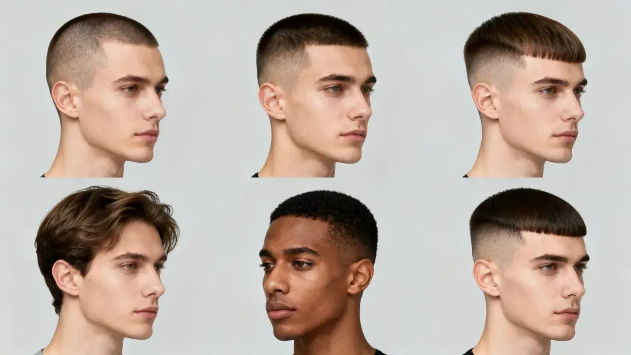 Sechs Männer mit verschiedenen Haarschnitten, darunter ein klassischer french crop stylen.