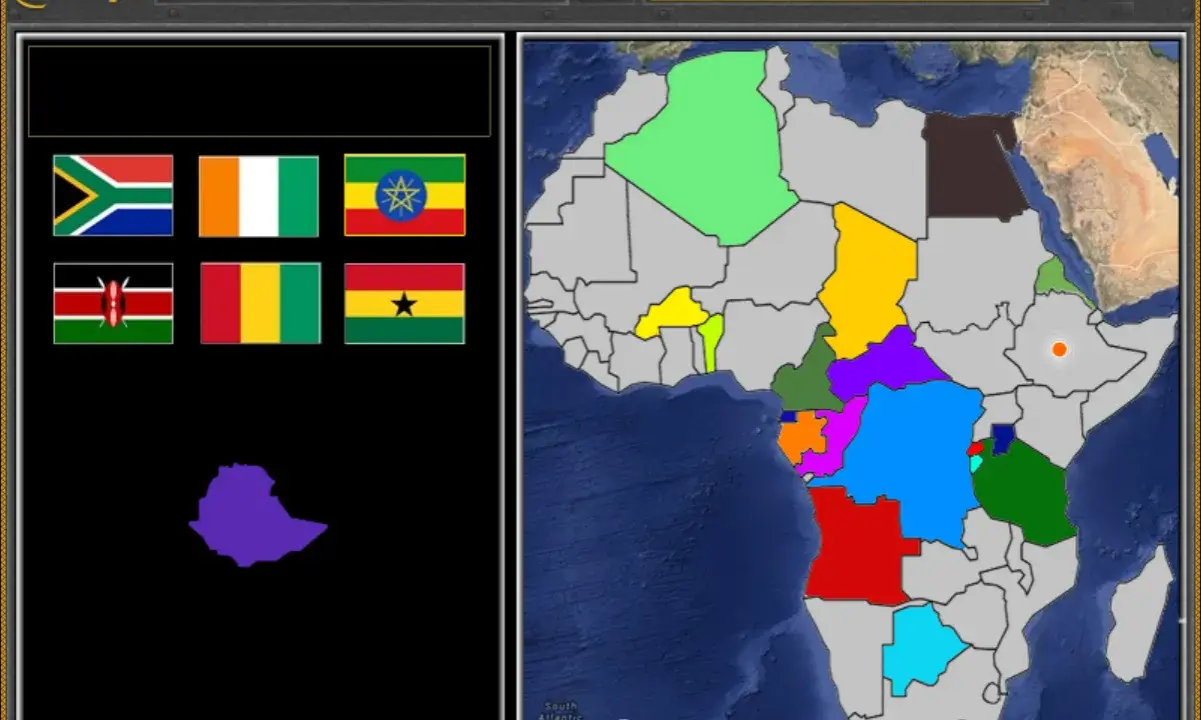 Gioco di geografia: identifica gli stati dell'Africa. L'Etiopia è evidenziata in viola su una mappa colorata.