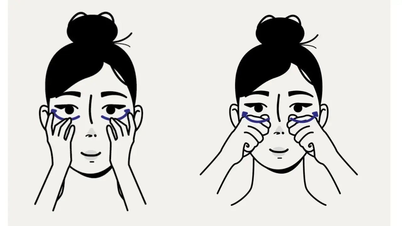 Illustration montrant les étapes d'un automassage du visage, ciblant le contour des yeux pour un regard plus détendu.