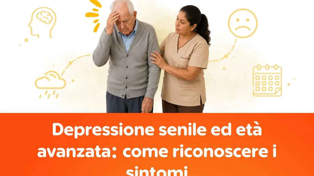 Un anziano con la mano sulla fronte, assistito da un'infermiera. Icone suggeriscono depressione e confusione, domande su cos'è la demenza senile.