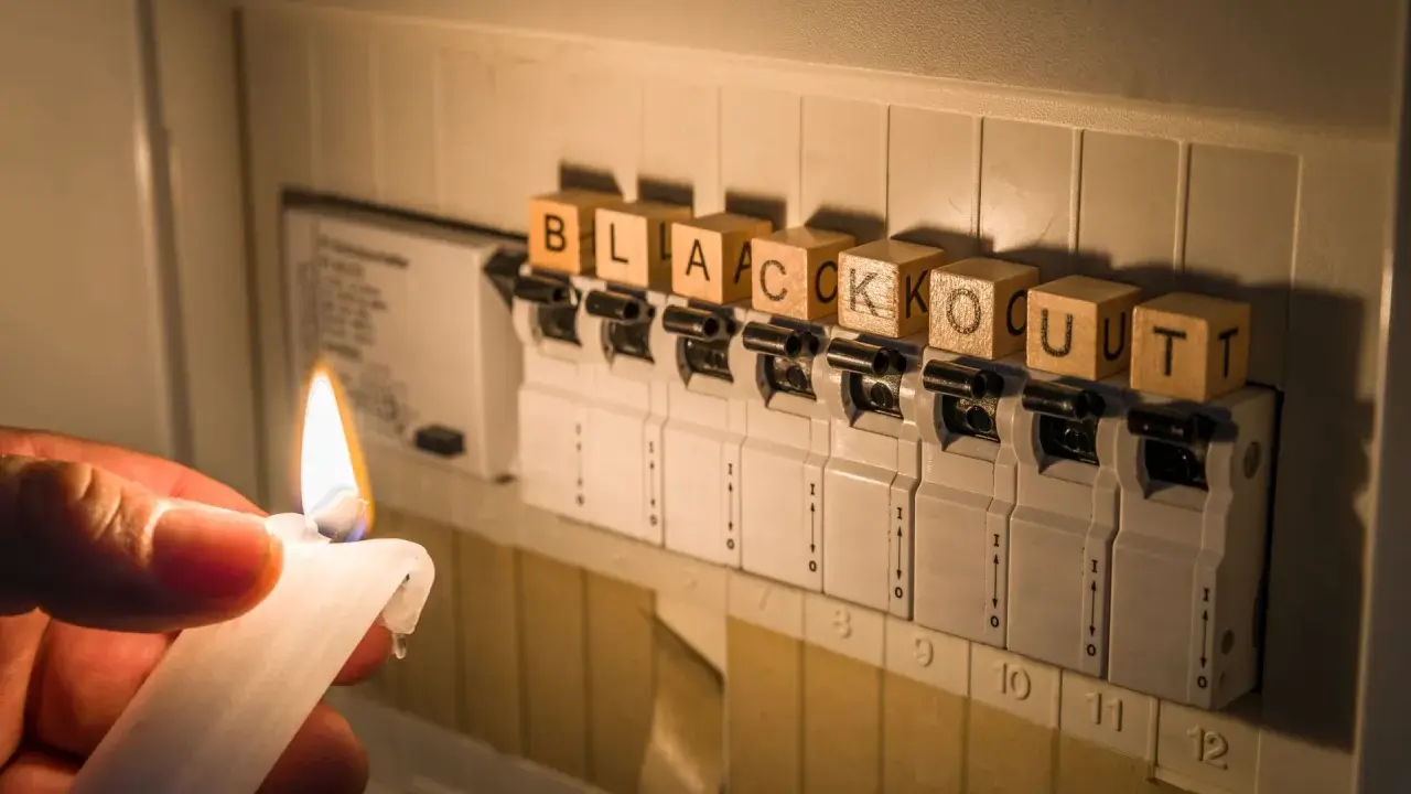 Płonąca świeca obok bezpieczników z literami układającymi się w słowo "blackout".