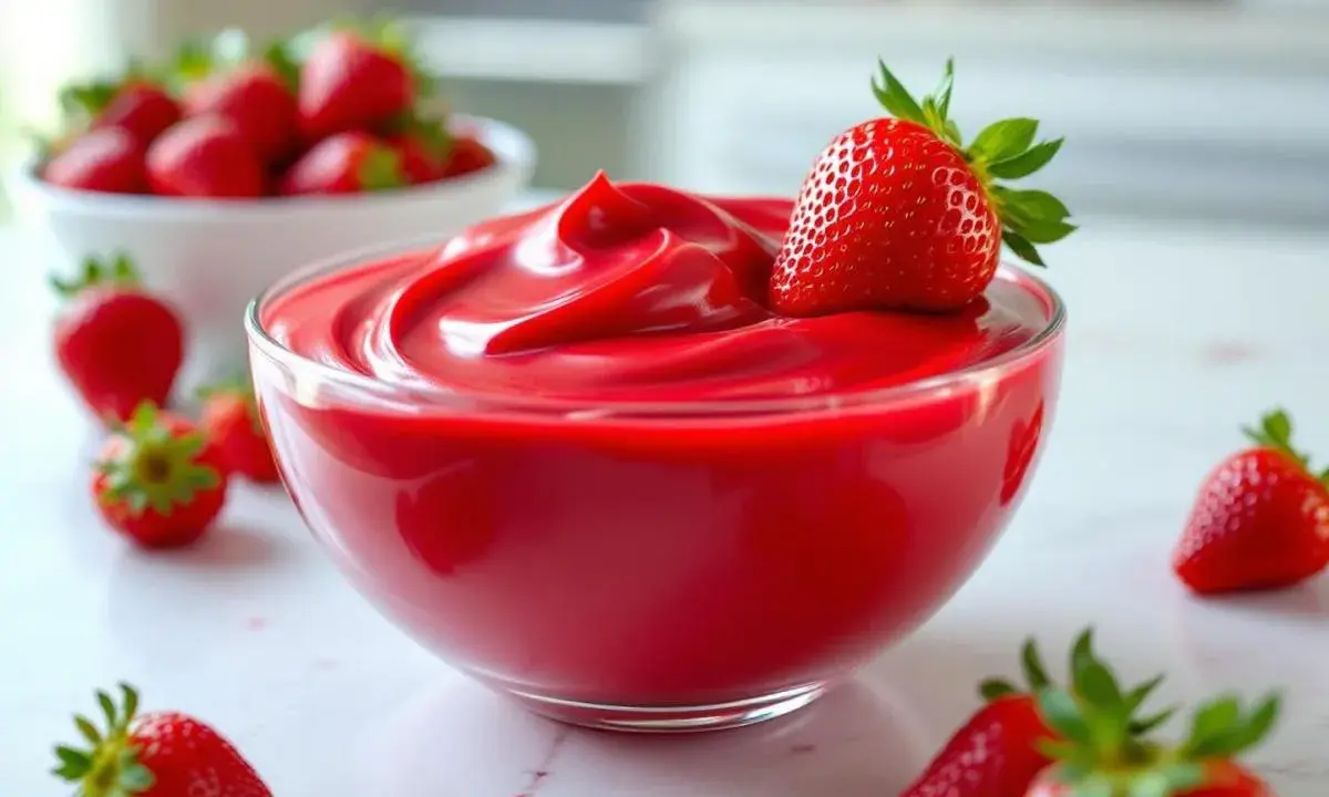 Un bol de ganache fraise onctueuse, garni d'une fraise fraîche. Des fraises parsèment la table.