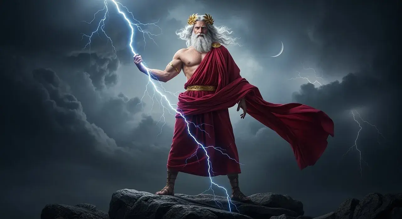 Zeus, mit Blitz in der Hand, trägt eine rote Toga. Seine Aufgaben sind gewaltig, wie der Sturm zeigt.