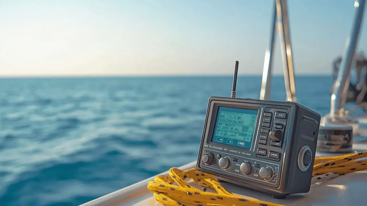 Radio VHF sur un voilier, prêt à communiquer. Le vhf signification est essentiel pour la sécurité en mer.