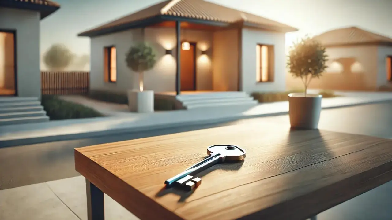 Llave sobre mesa de madera, con casas modernas al fondo. Una oportunidad de alquiler con opción a compra.