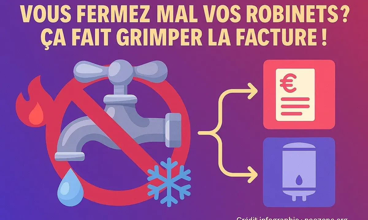 Robinet barré, symbole de flamme et flocon. Le mauvais positionnement du tuyau d'eau chaude et froide augmente la facture.