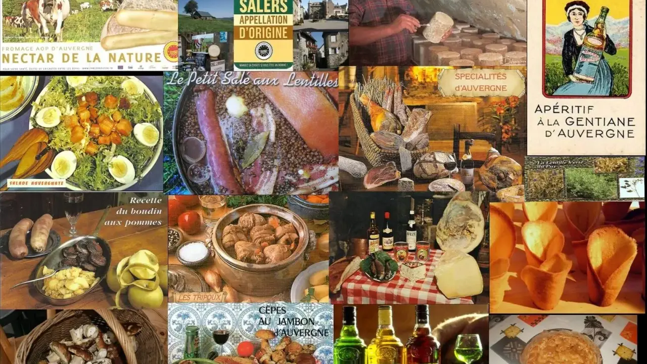 Collage de spécialités auvergnates : fromages, charcuterie, plats traditionnels comme les tripoux, et apéritif à la gentiane.