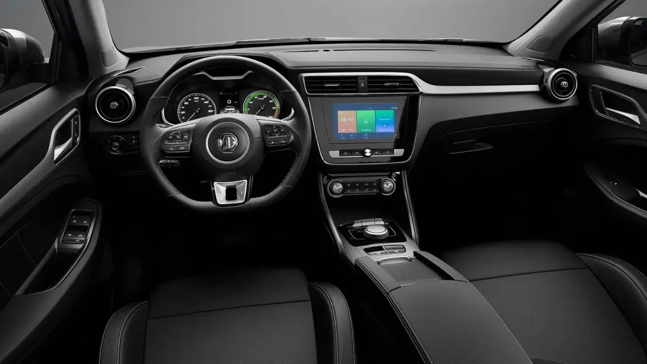 Interni dell'MG ZS: volante multifunzione, cruscotto digitale, schermo touchscreen centrale e sedili in pelle nera.