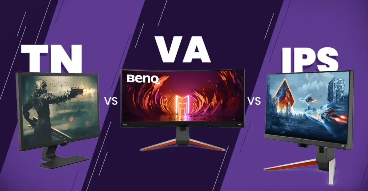 Comparaison d'écrans : TN, VA et IPS. L'écran VA BenQ au centre affiche un paysage futuriste.