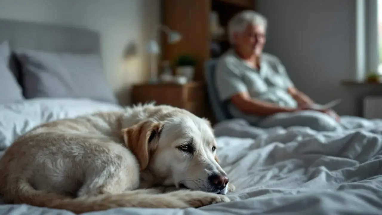 Mon chien, un labrador doré, dort sur le lit. Il me réveille la nuit pour faire ses besoins, mais il est si mignon que je ne peux pas lui en vouloir.