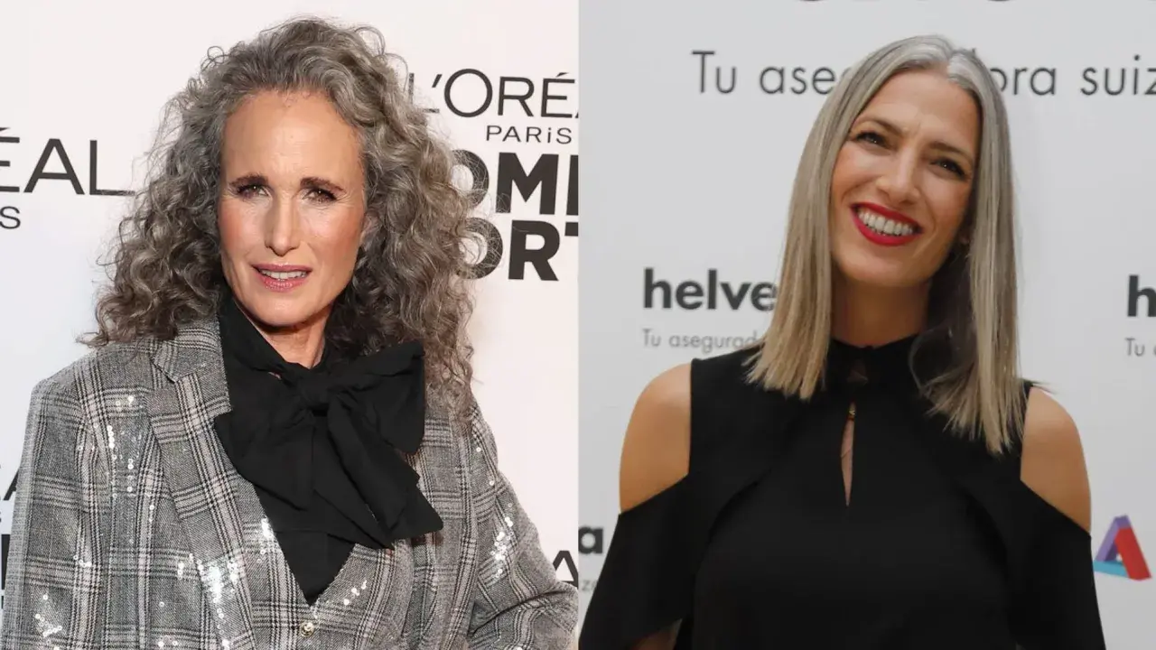Dos mujeres con pelo canoso. La de la izquierda, con rizos, luce un traje de cuadros y un lazo negro. La de la derecha, con pelo liso, sonríe con labios rojos. Ambas muestran un hermoso ver pelo de 6 meses de transición de las canas.