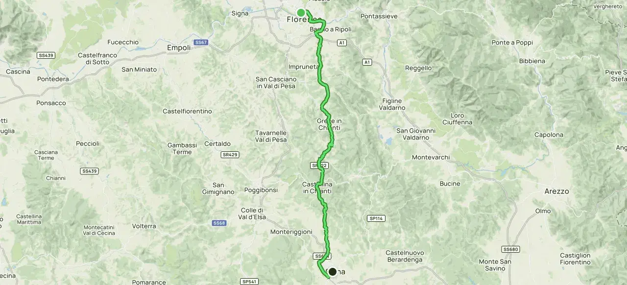 Mappa della strada chiantigiana, un percorso tortuoso che attraversa colline e borghi tra Firenze e Siena.