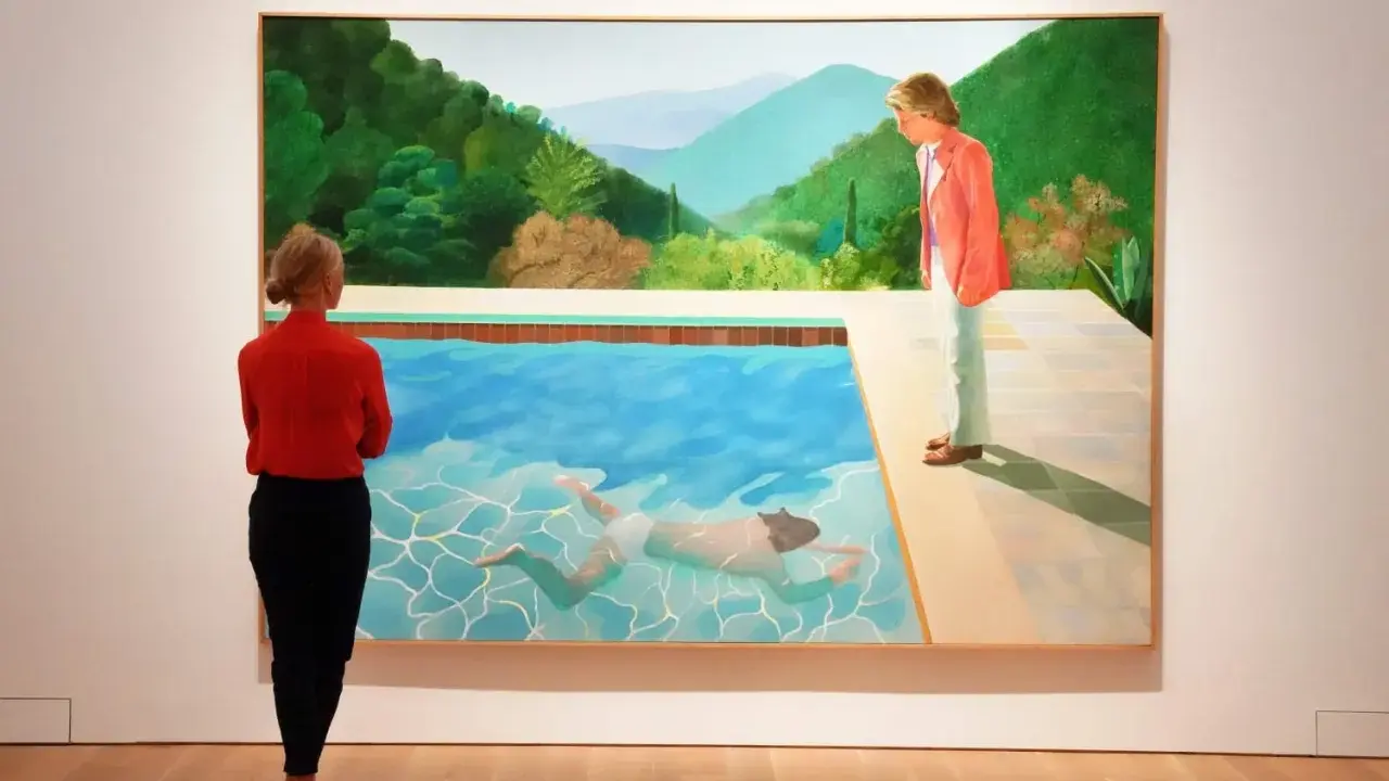 A woman in red observes David Hockney's iconic pool painting at Christie's, a testament to his significant david hockney net worth.