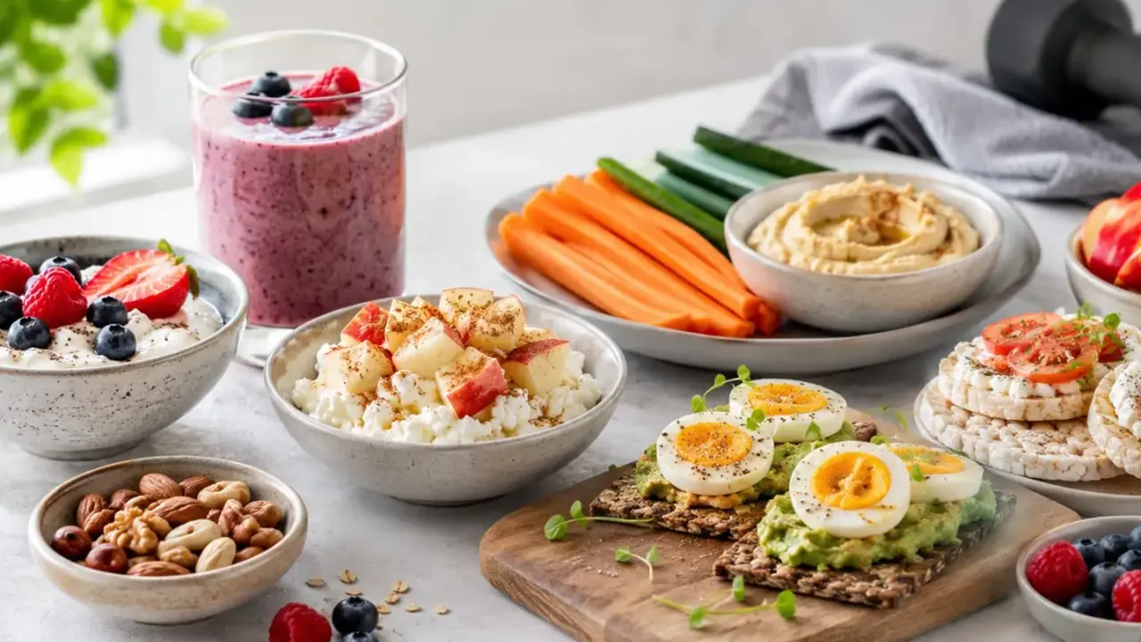En härlig samling av nyttiga alternativ för ett bra mellanmål: smoothie, kvarg med bär, äggmackor, grönsaksstavar med hummus och nötter.
