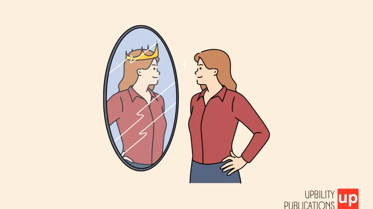 Donna con corona riflessa nello specchio, un'immagine che illustra che significa essere narcisista.
