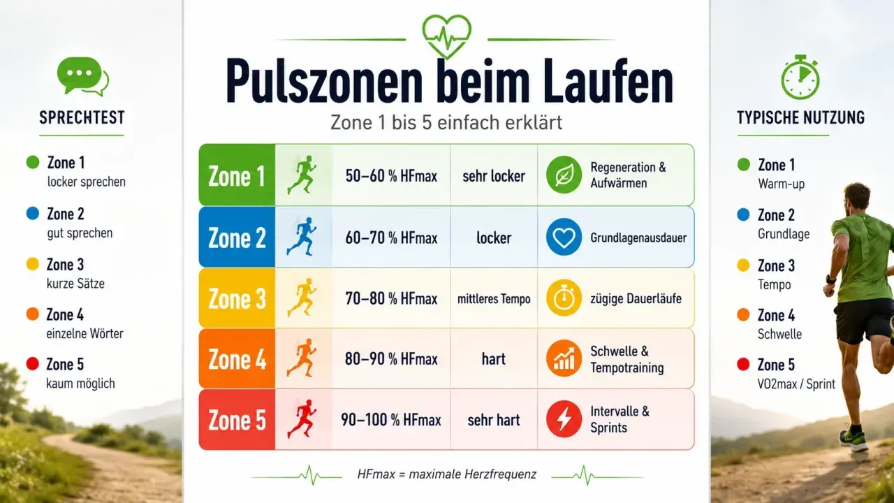 Grafik erklärt Pulszonen beim Laufen für besseres Laufen: Zone 1 (Warm-up) bis Zone 5 (Sprint) mit Sprechtest und typischer Nutzung.