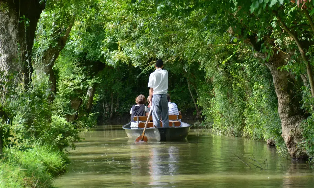 Une petite barque navigue sur un canal bordé d'arbres luxuriants. Un homme debout manœuvre la barque avec une rame, transportant des passagers.