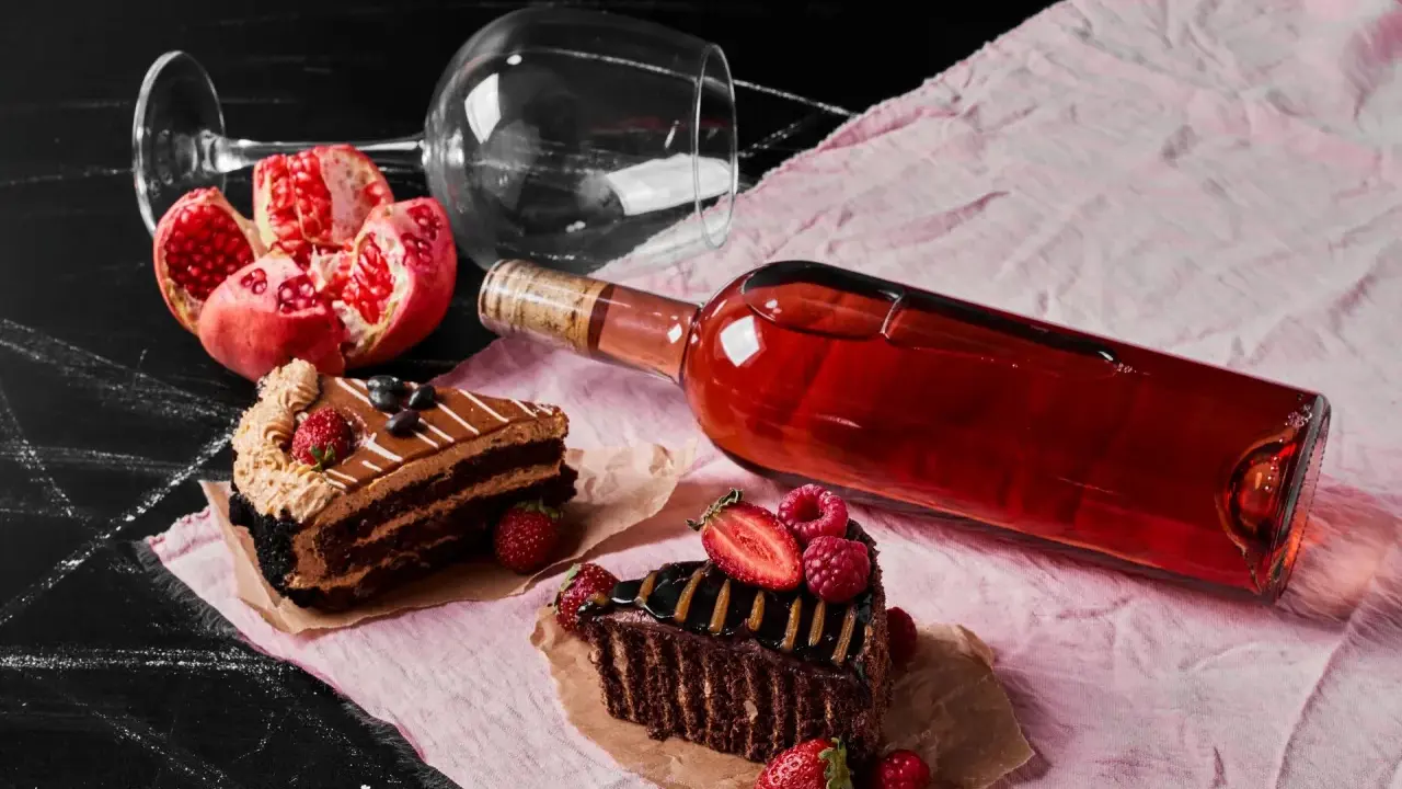 Dwa kawałki czekoladowego ciasta, granat i butelka czerwonego wina. Zastanawiasz się, jaki alkohol do tiramisu? Może to wino?