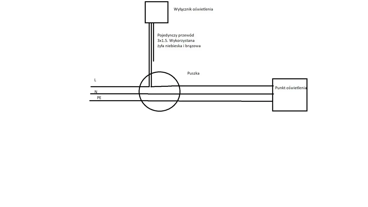 Schemat instalacji elektrycznej: przewód neutralny (N) biegnie do puszki, gdzie łączy się z przewodem do punktu oświetlenia.