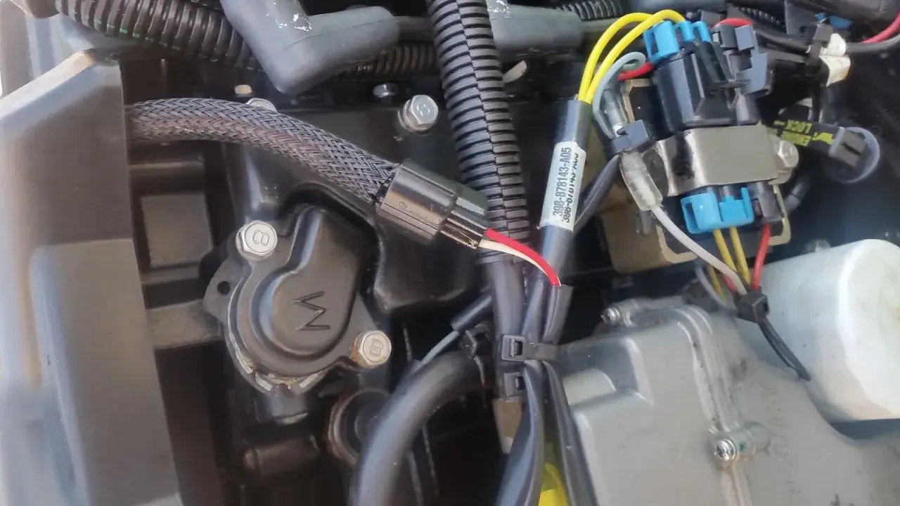 Détail du câblage d'un moteur Mercury 50cv 4 temps. Fiche technique visible sur un câble.