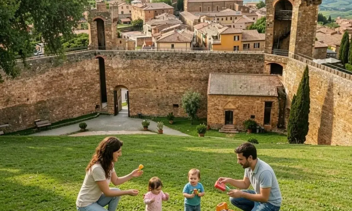 Famiglia gioca sull'erba con vista su Montalcino, borgo medievale con mura antiche e case in pietra.